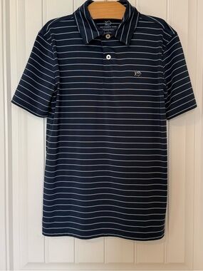 Southern Tide Boys Striped Polo Shirt Size L (12-14) Navy Blue Performance Shirt